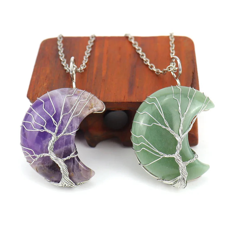 Pendentif Lune et Arbre de Vie en Pierre Naturelle – Collier Serti au Fil, 6 Pierres au Choix