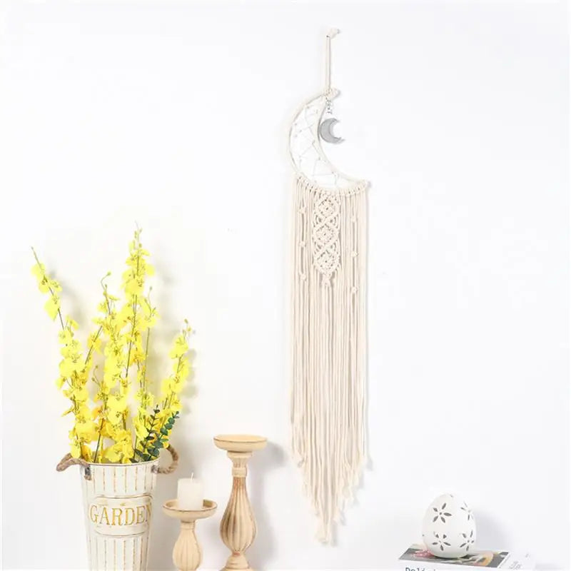 Macramé Mural Lune 96 cm – Tenture Murale Bohème Écrue à Croissant de Lune, Franges et Nœuds, Décoration Murale Zen pour Chambre ou Salon, Idée Cadeau