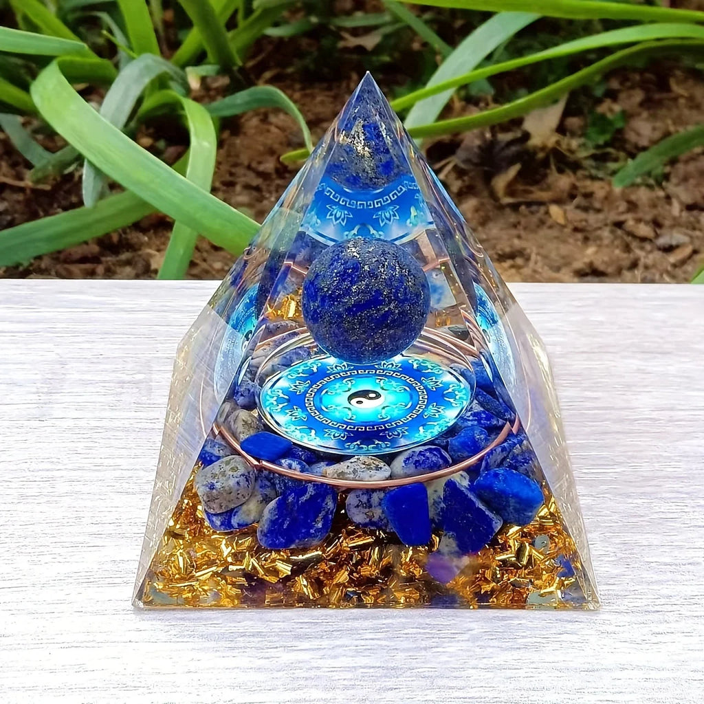 Pyramide d'Orgonite Lapis-Lazuli – Sphère et Symbole Yin Yang, Décoration de Chevet