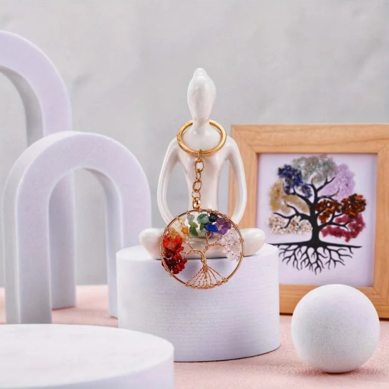 Porte-Clés Arbre de Vie en Éclats de Pierres Naturelles – Doré ou Argenté, Bijou de Sac