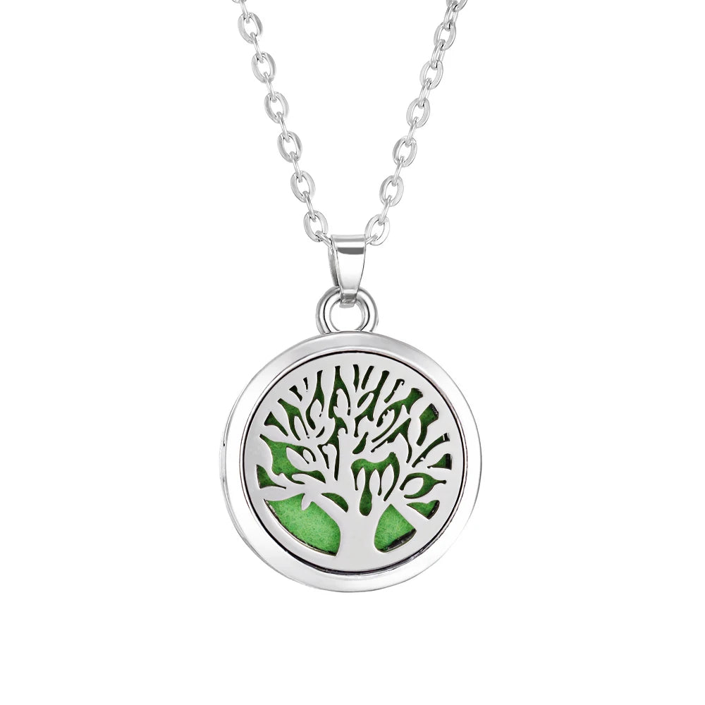 Collier Diffuseur d'Huiles Essentielles en Acier – Médaillon Arbre de Vie, Lotus, Fleur de Vie, 15 Motifs