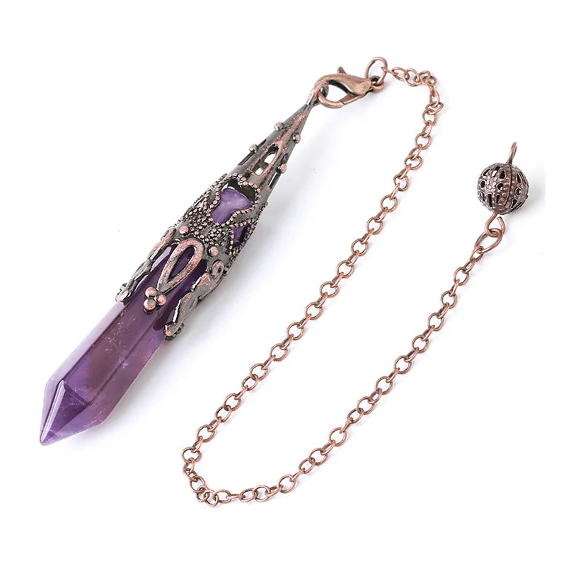 Pendule Divinatoire en Pierre Naturelle – Améthyste, Obsidienne ou Cristal de Roche, avec Chaînette