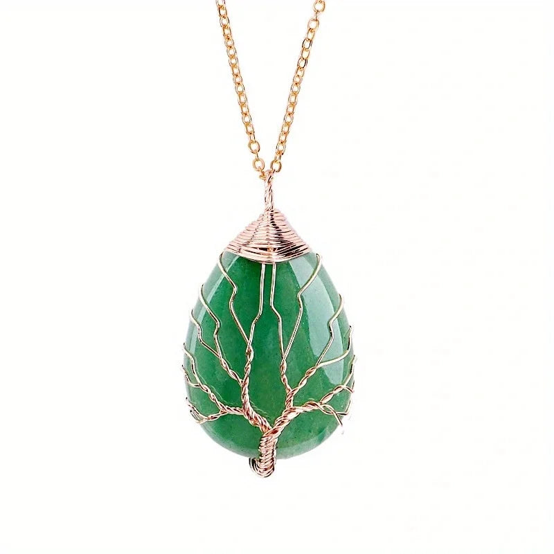 Pendentif Arbre de Vie en Pierre Naturelle au Choix – Fil Doré ou Argenté, avec Chaîne