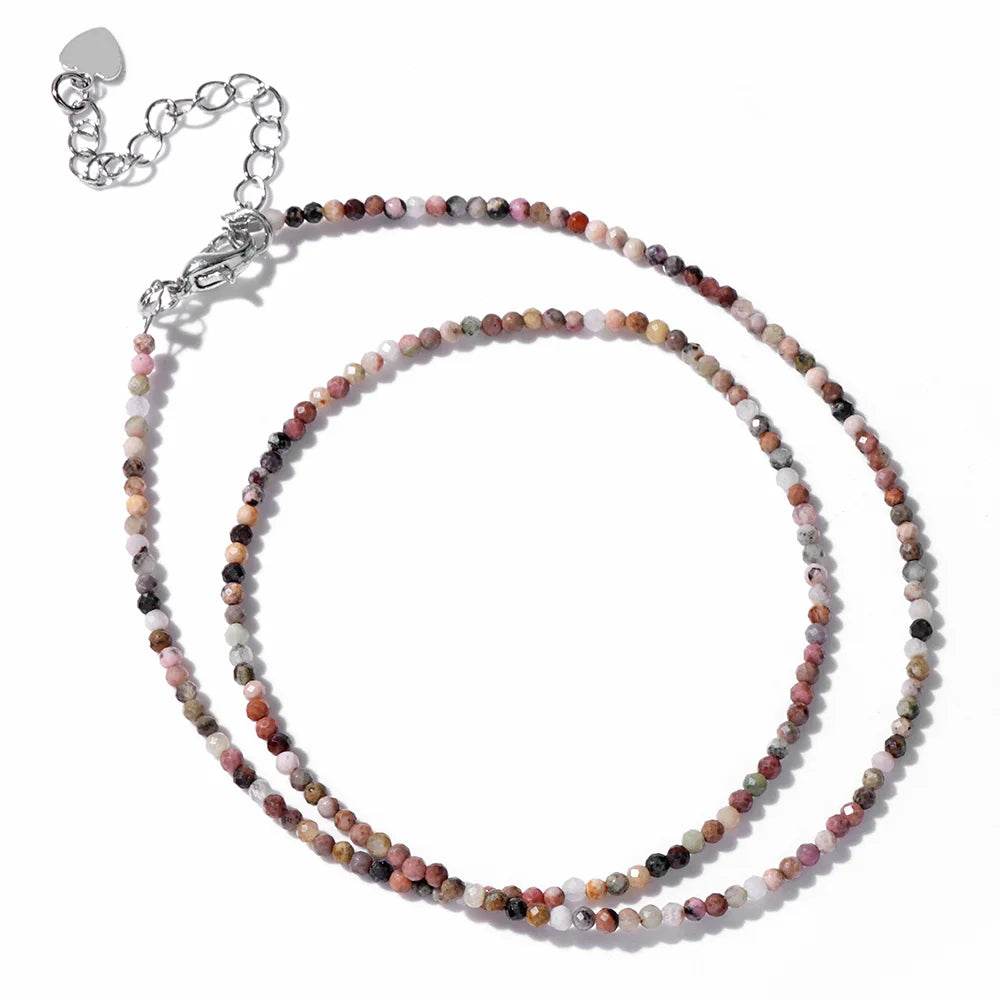 Collier Perles Facettées 2 mm en Pierre Naturelle – Ras du Cou Ultra-Fin, 14 Pierres, 40 cm