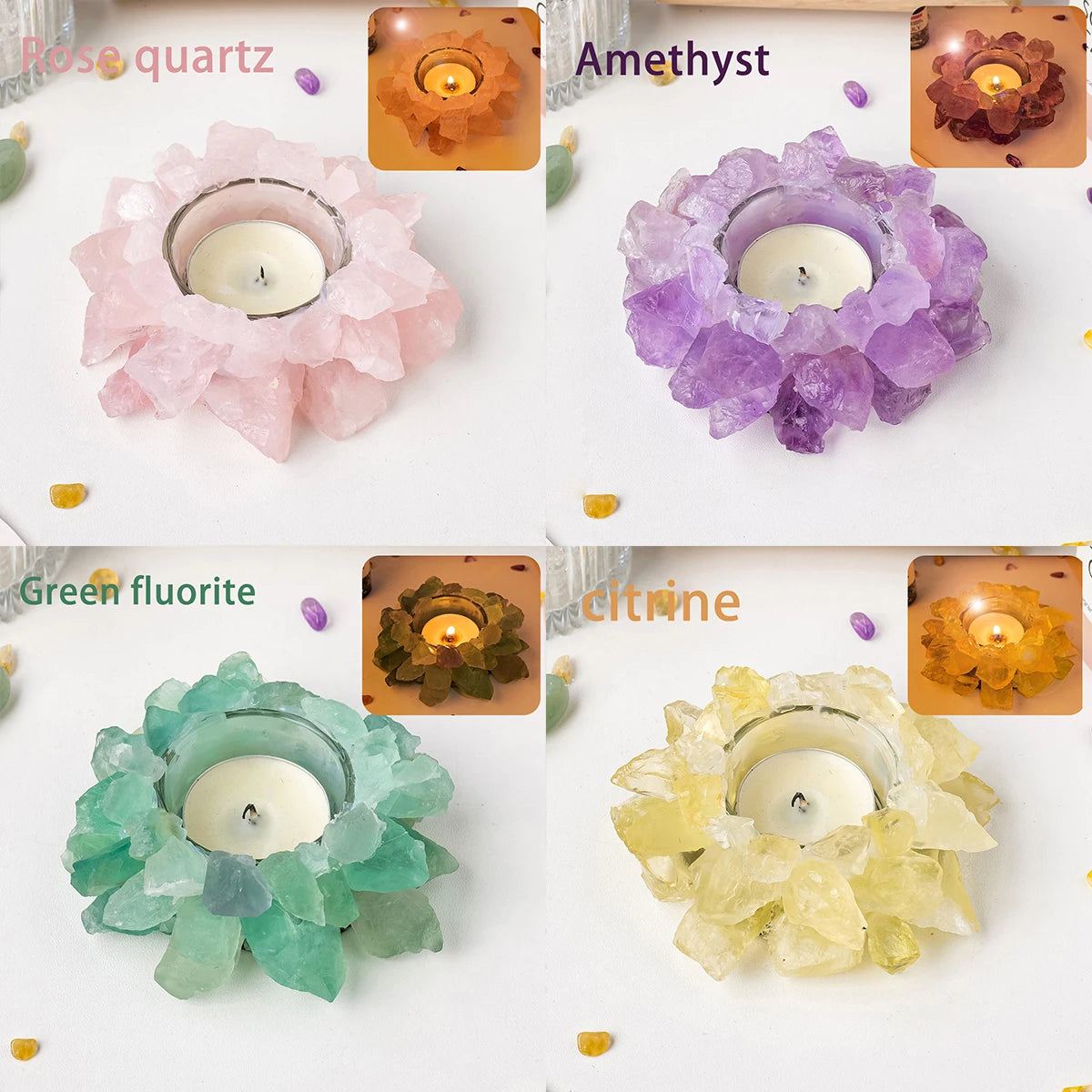 Bougeoir en Pierre Brute Naturelle – Photophore Cristal, Améthyste, Quartz Rose, Pierre de Soleil…