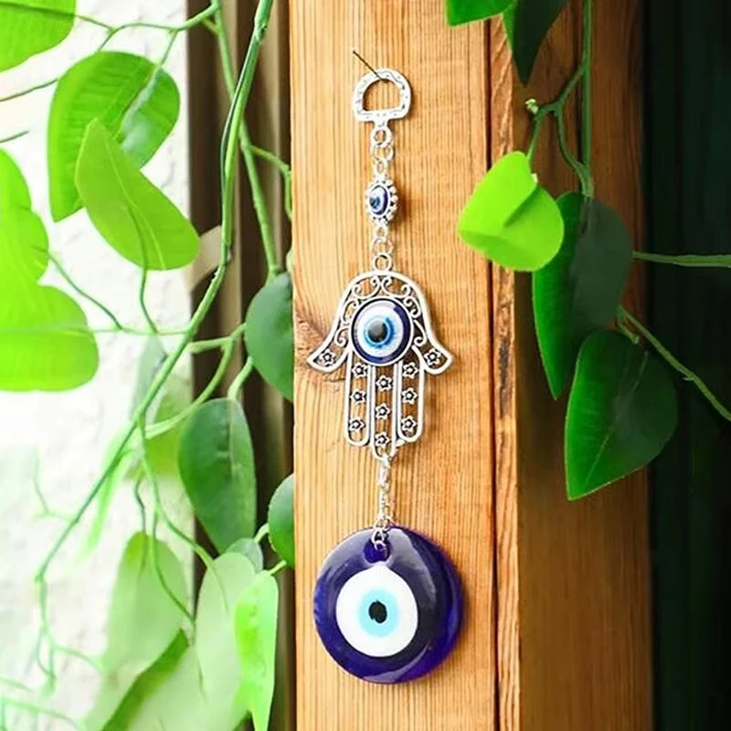 Suspension Main de Fatma et Œil Turc – Amulette Murale en Métal et Verre Bleu, 20 cm