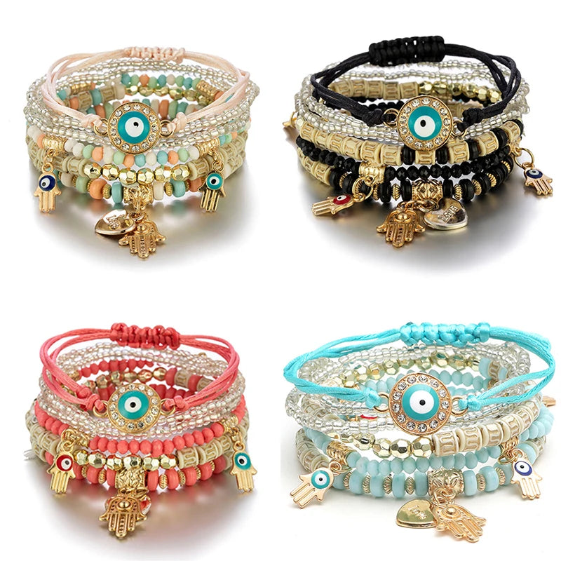Lot de 6 Bracelets Bohème Œil Turc et Main de Fatma – Perles, Cordons et Breloques, 8 Coloris
