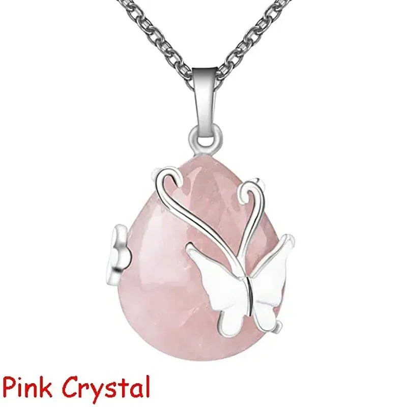 Collier Pendentif Goutte de Pierre et Papillon – Améthyste, Quartz Rose, Œil de Tigre ou Aventurine