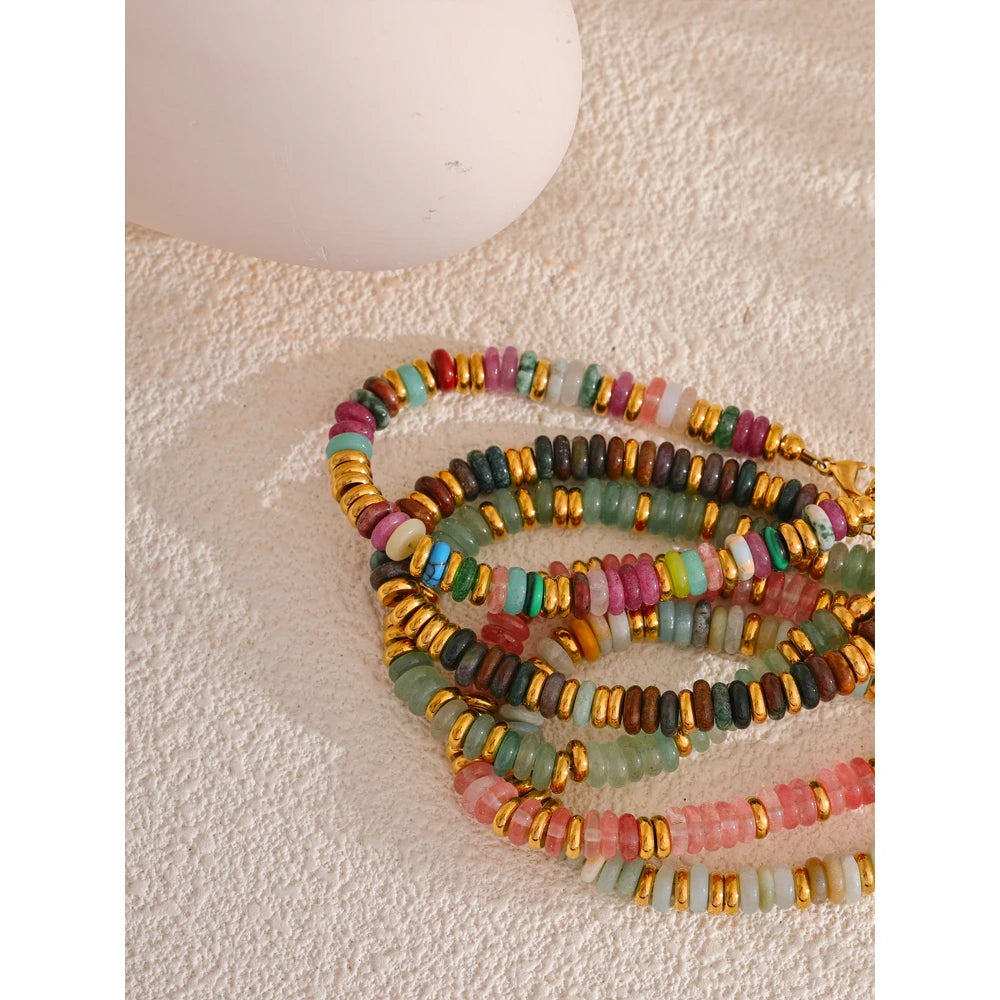 Bracelet Perles Heishi en Pierre Naturelle et Acier Doré – Œil de Tigre, Amazonite, 8 Pierres