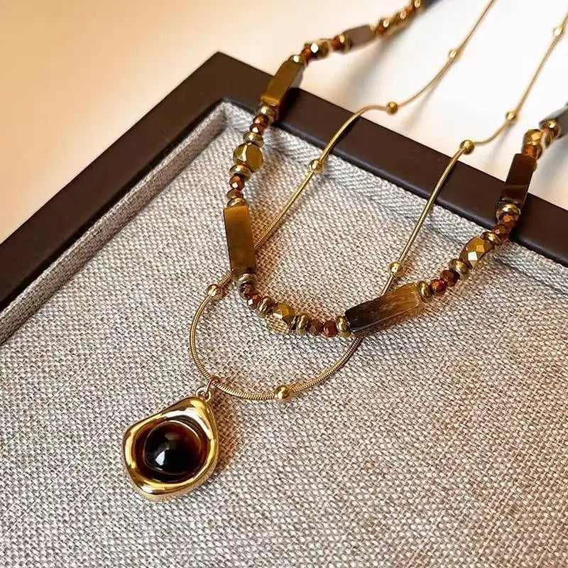 Collier Œil de Tigre Doré Femme à Superposer – Rang de Perles ou Pendentif Goutte, Acier Inoxydable, Bijou Pierre Naturelle, Idée Cadeau