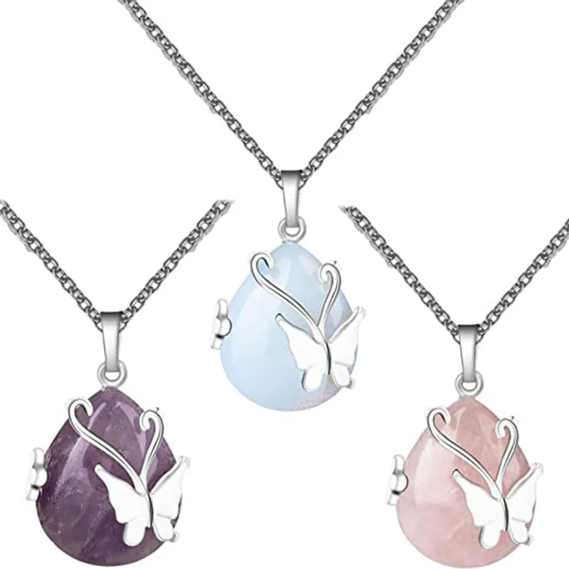 Collier Pendentif Goutte de Pierre et Papillon – Améthyste, Quartz Rose, Œil de Tigre ou Aventurine