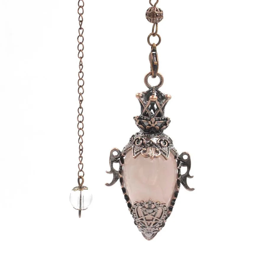 Grand Pendule Vintage en Pierre Naturelle – Cœur Serti Monture Cuivrée, Obsidienne, Améthyste, Labradorite…
