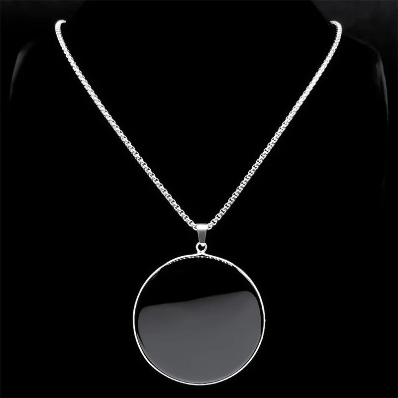Collier Grand Médaillon en Obsidienne Noire – Chaîne Acier 60 cm, Argenté ou Doré, Unisexe
