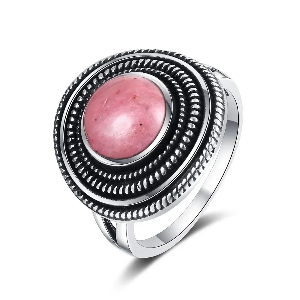 Bague Ronde Spirale en Pierre Naturelle 8 mm – Monture Argentée, Rhodochrosite, Charoïte, Labradorite…