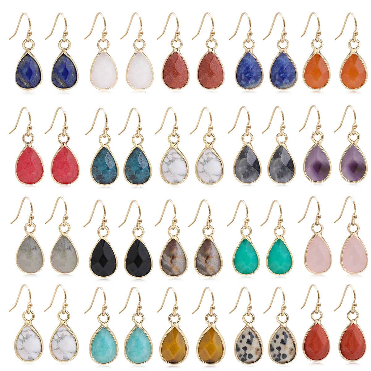 Boucles d'Oreilles Gouttes Facettées en Pierre Naturelle – Acier Doré ou Argenté, 11 Pierres