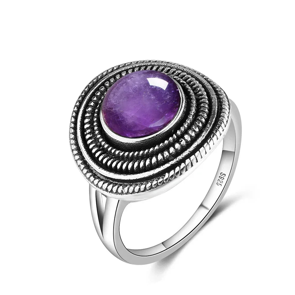 Bague Ronde Spirale en Pierre Naturelle 8 mm – Monture Argentée, Rhodochrosite, Charoïte, Labradorite…