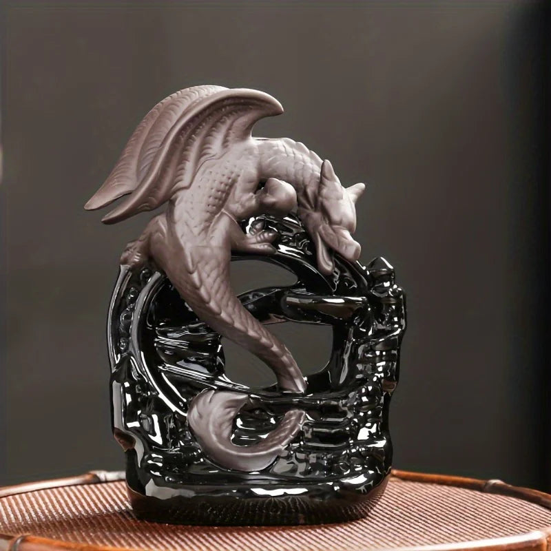 Brûleur d'Encens à Reflux Dragon en Céramique – Cascade de Fumée, Pièce de Décoration