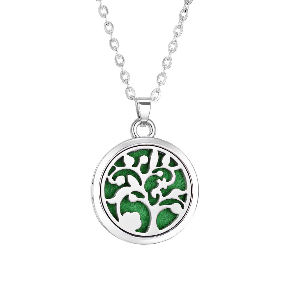 Collier Diffuseur d'Huiles Essentielles en Acier – Médaillon Arbre de Vie, Lotus, Fleur de Vie, 15 Motifs