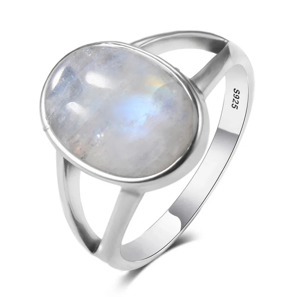 Bague Pierre de Lune Ovale en Argent – Anneau Double Ouvert, Reflets Bleutés, Tailles 52 à 62