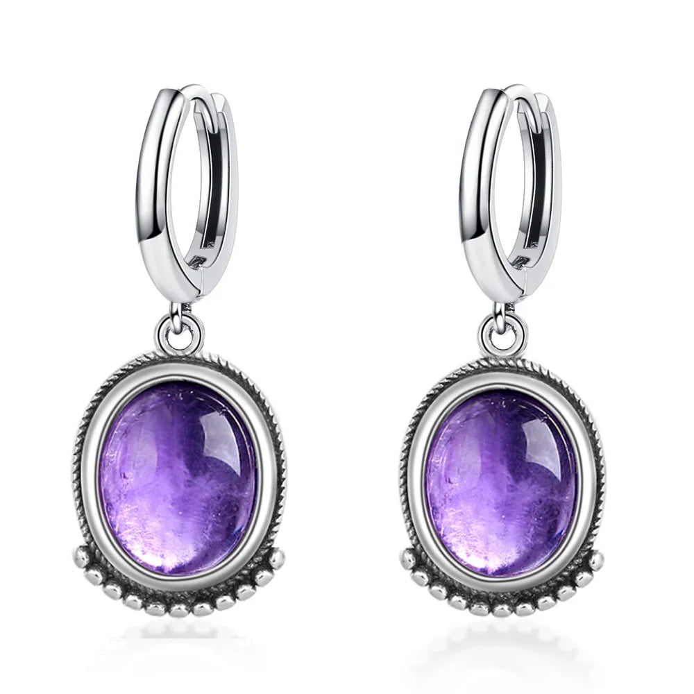 Boucles d'Oreilles Créoles Vintage à Cabochon Ovale – Pierre de Lune, Labradorite, Améthyste… Plaqué Argent