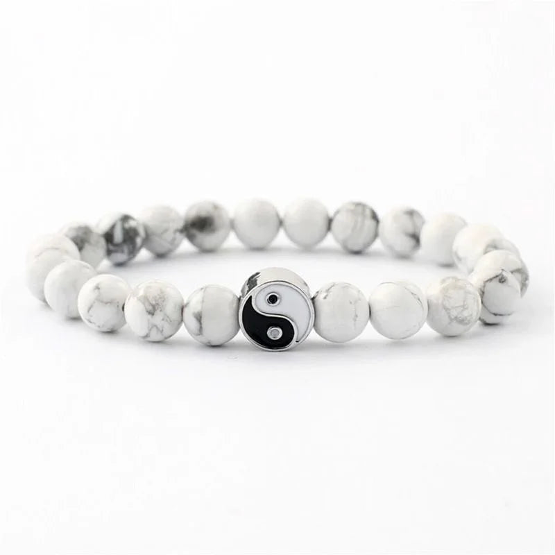 Bracelet Yin Yang Onyx Mat et Howlite – À l'Unité ou en Duo pour Couple, 17 à 21 cm