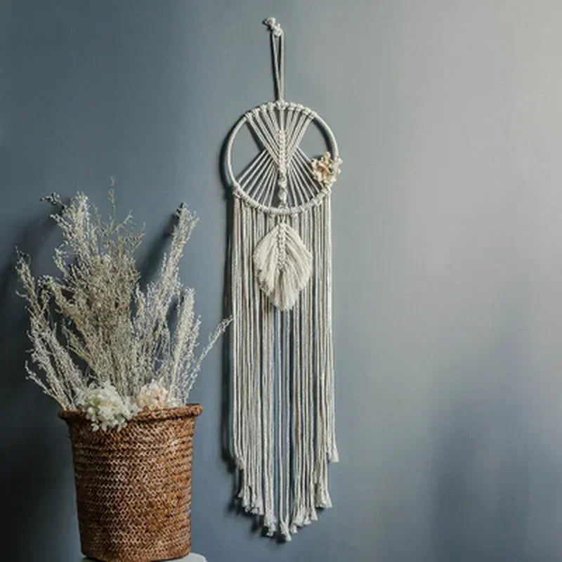 Attrape-Rêves en Macramé Feuille – Tenture Murale Bohème Écrue, 95 cm