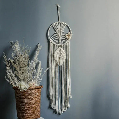 Attrape-Rêves en Macramé Feuille – Tenture Murale Bohème Écrue, 95 cm