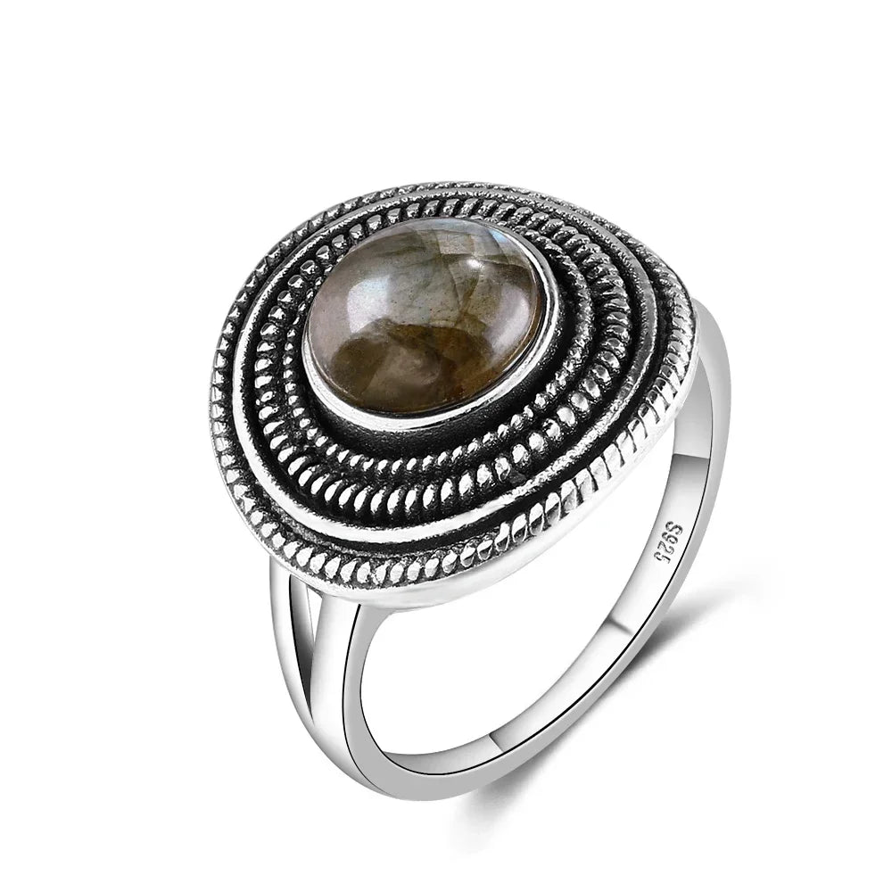 Bague Ronde Spirale en Pierre Naturelle 8 mm – Monture Argentée, Rhodochrosite, Charoïte, Labradorite…