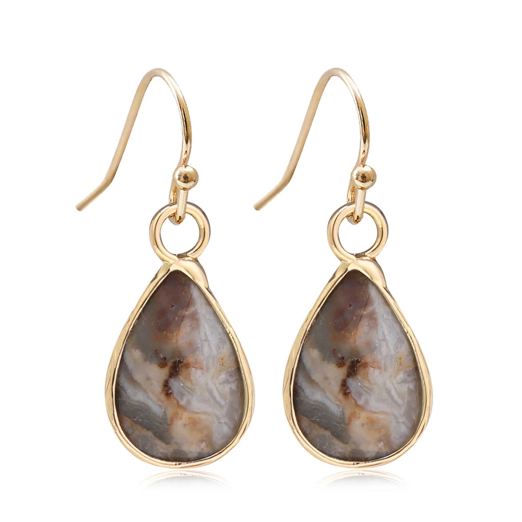Boucles d'Oreilles Gouttes Facettées en Pierre Naturelle – Acier Doré ou Argenté, 11 Pierres
