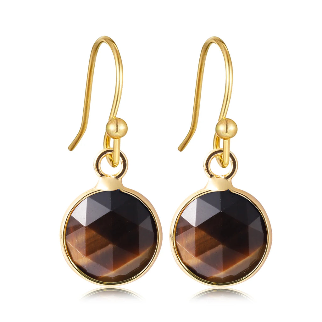Boucles d'Oreilles Rondes en Pierre Naturelle Facettée – Crochets Acier Doré, 17 Pierres au Choix