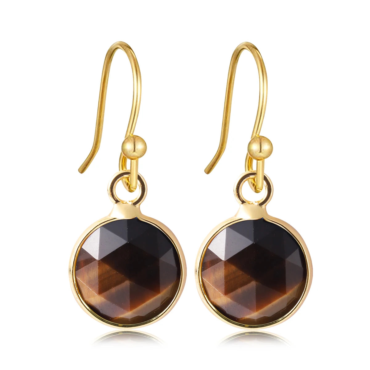 Boucles d'Oreilles Rondes en Pierre Naturelle Facettée – Crochets Acier Doré, 17 Pierres au Choix