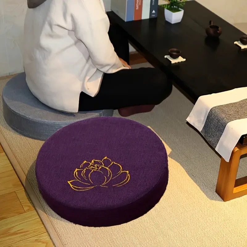Coussin de Méditation Rond en Lin 40 cm – Brodé Fleur de Lotus, Housse Déhoussable, 9 Coloris