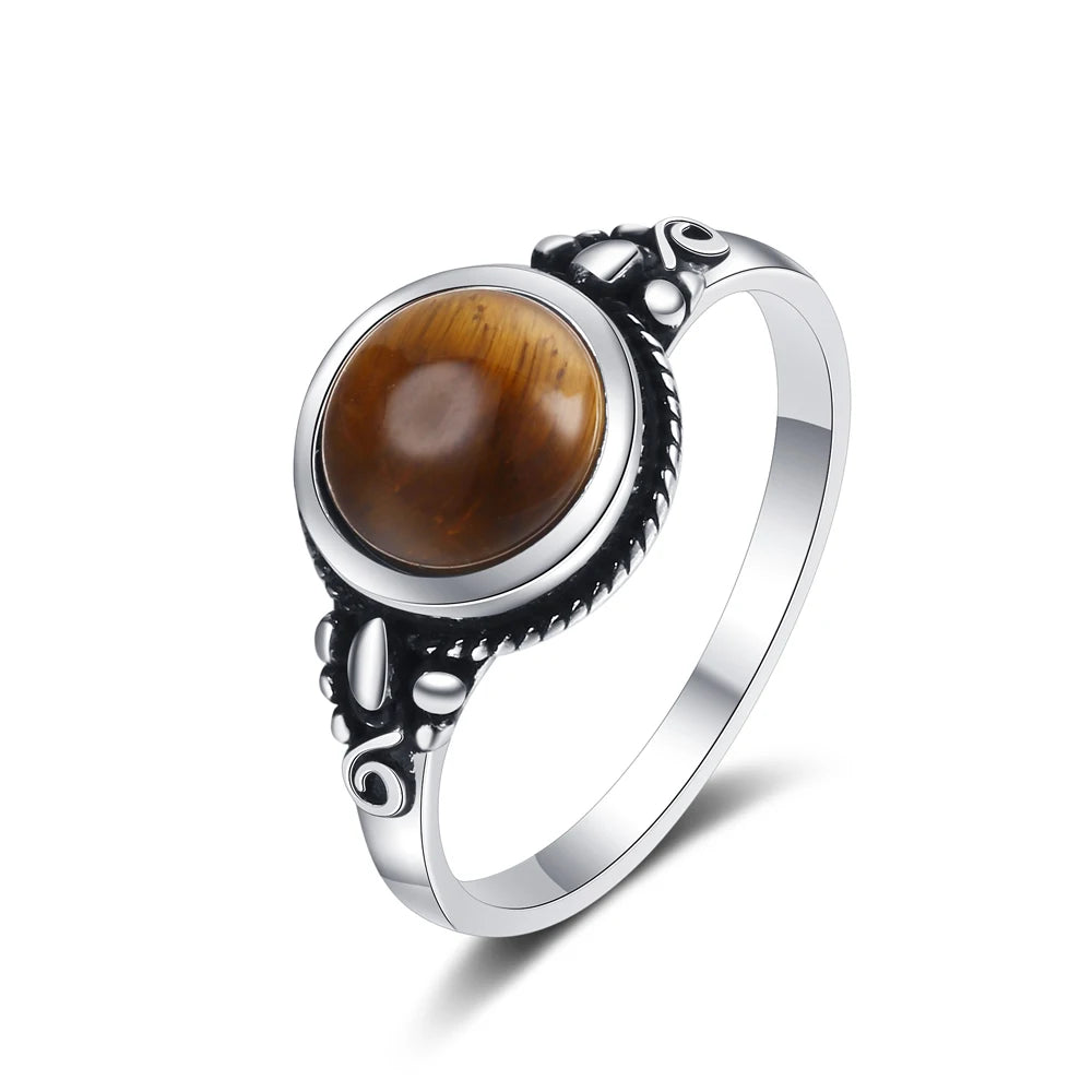 Bague Fine Ronde 8 mm en Pierre Naturelle – Monture Argentée Perlée, Labradorite, Pierre de Lune…