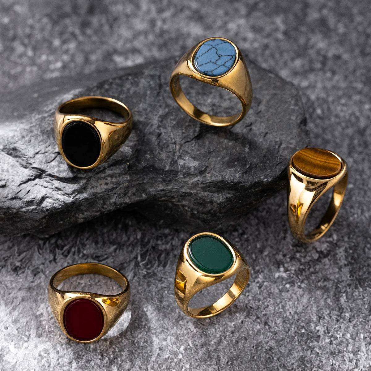 Chevalière en Acier Inoxydable Doré et Pierre Naturelle – Œil de Tigre, Onyx ou Lapis-Lazuli
