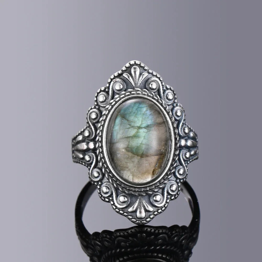 Bague Vintage Ovale en Pierre Naturelle – Labradorite, Pierre de Lune ou Lapis-Lazuli, Monture Ciselée
