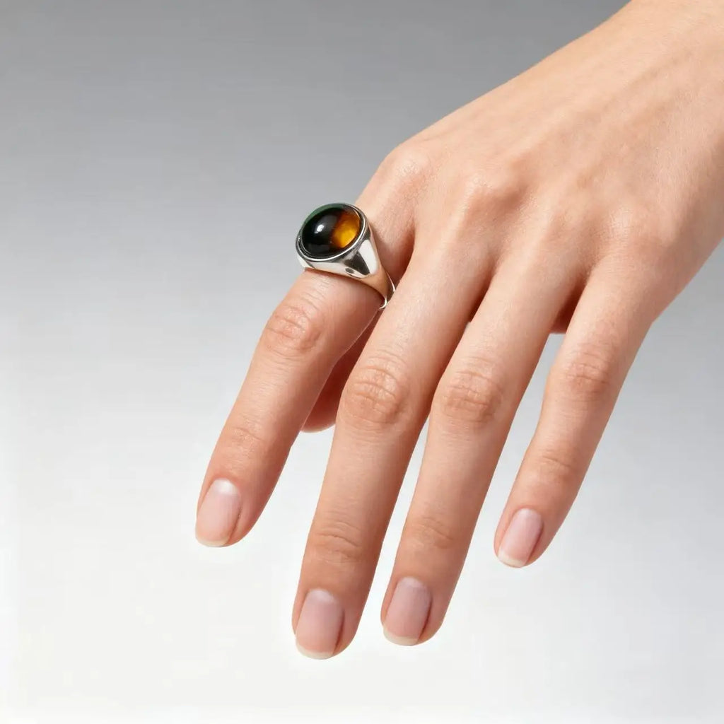 Chevalière Homme en Acier Inoxydable – Cabochon Onyx Noir, Œil de Tigre ou Aventurine, Argenté ou Doré