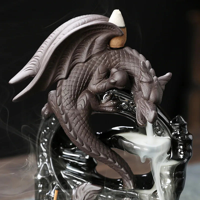 Brûleur d'Encens à Reflux Dragon en Céramique – Cascade de Fumée, Pièce de Décoration