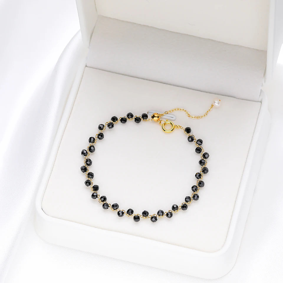 Bracelet Chaîne Dorée Perles Facettées 3 mm – Pierre Naturelle au Choix et Perle d'Eau Douce