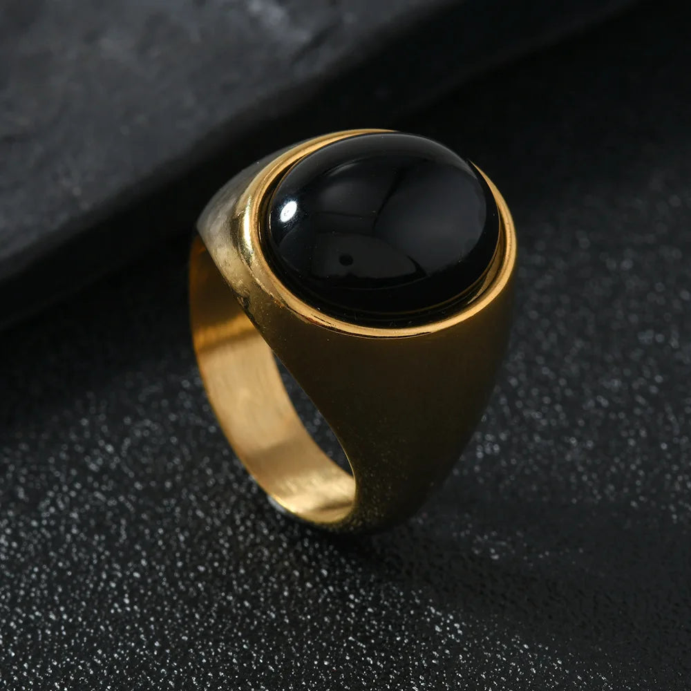 Chevalière Homme en Acier Inoxydable – Cabochon Onyx Noir, Œil de Tigre ou Aventurine, Argenté ou Doré