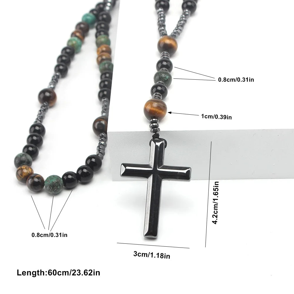 Collier Chapelet Croix en Hématite – Perles de Turquoise Africaine et Œil de Tigre, 60 cm