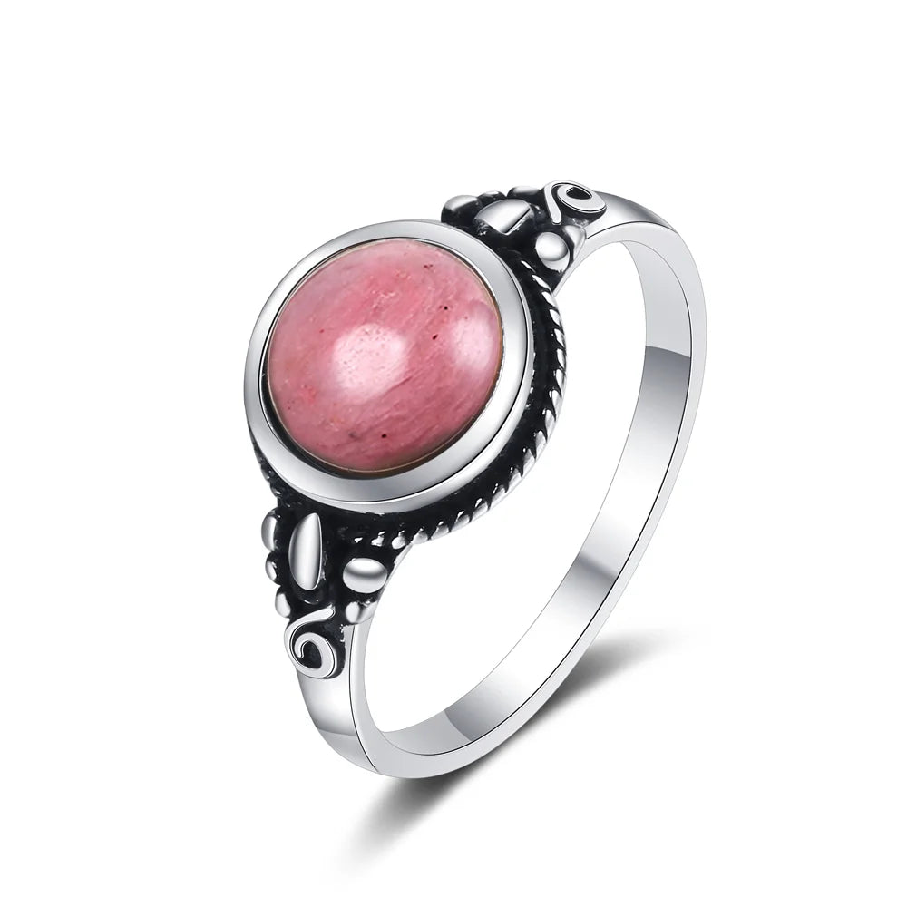 Bague Fine Ronde 8 mm en Pierre Naturelle – Monture Argentée Perlée, Labradorite, Pierre de Lune…