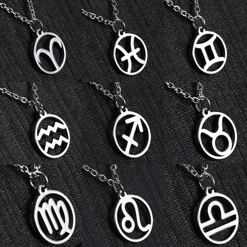 Collier Signe du Zodiaque en Acier Inoxydable Femme et Homme – Pendentif Rond Ajouré, 12 Signes Astrologiques, Argenté, Bijou Astro, Idée Cadeau
