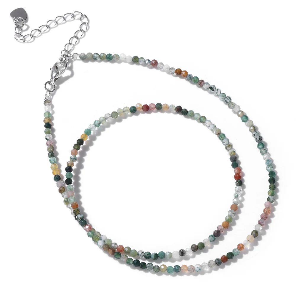 Collier Perles Facettées 2 mm en Pierre Naturelle – Ras du Cou Ultra-Fin, 14 Pierres, 40 cm
