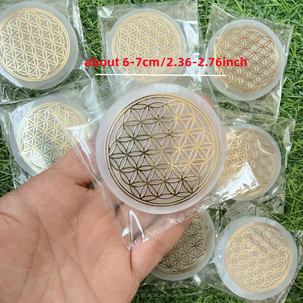 Plaque de Sélénite Fleur de Vie – Disque de Rechargement pour Pierres et Bijoux