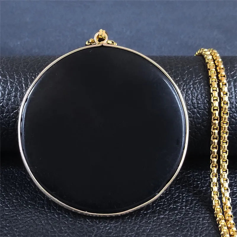 Collier Grand Médaillon en Obsidienne Noire – Chaîne Acier 60 cm, Argenté ou Doré, Unisexe