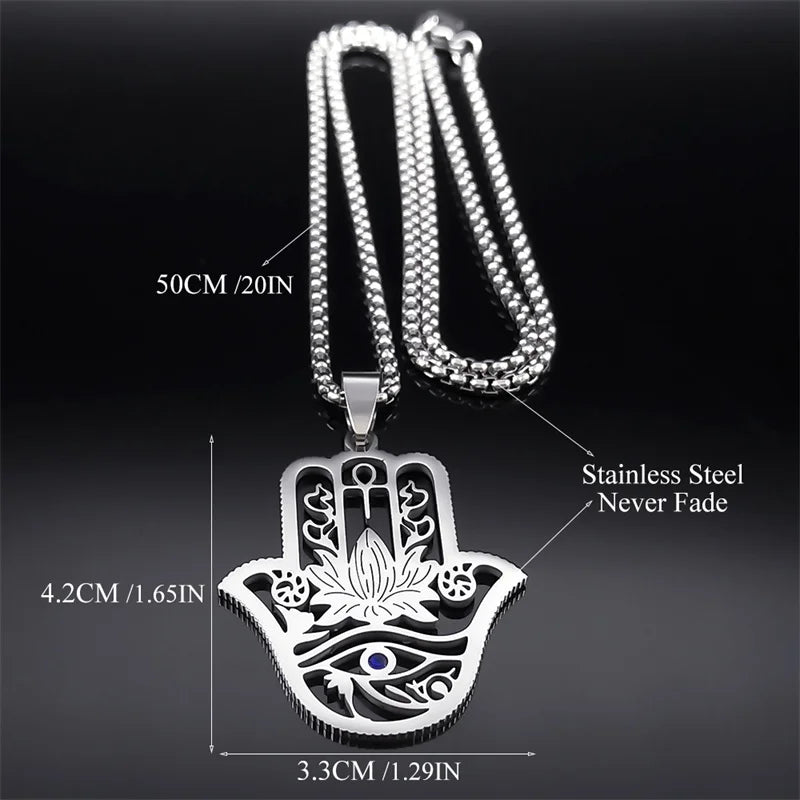 Collier Main de Fatma et Ankh en Acier Inoxydable – Lotus et Œil d'Horus, Doré ou Argenté, Unisexe