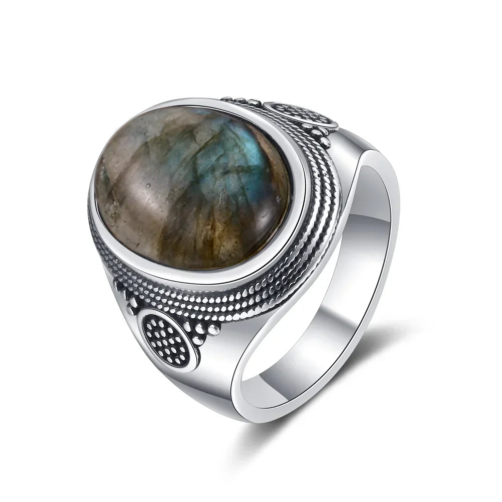 Bague Cabochon Ovale 10 x 14 mm – Monture Argentée Ciselée Unisexe, Œil de Tigre, Labradorite, Lapis…