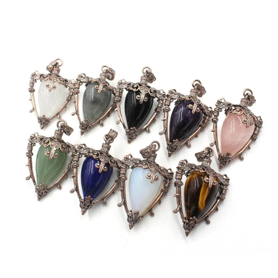 Grand Pendule Vintage en Pierre Naturelle – Cœur Serti Monture Cuivrée, Obsidienne, Améthyste, Labradorite…
