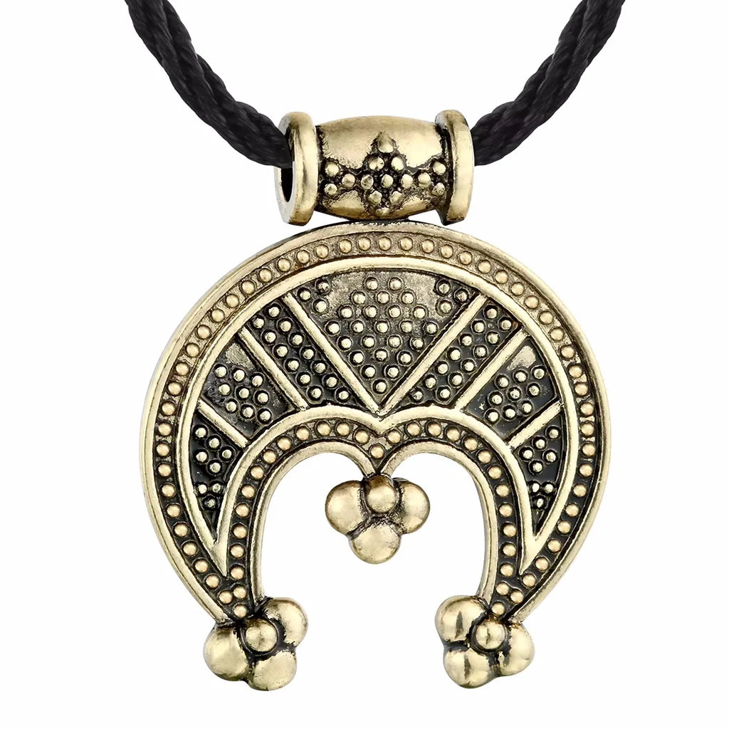 Collier Lunnitsa Croissant de Lune Femme et Homme – Pendentif Slave Ciselé Argent Vieilli ou Bronze Doré sur Cordon Noir, Bijou Lune Vintage, Idée Cadeau