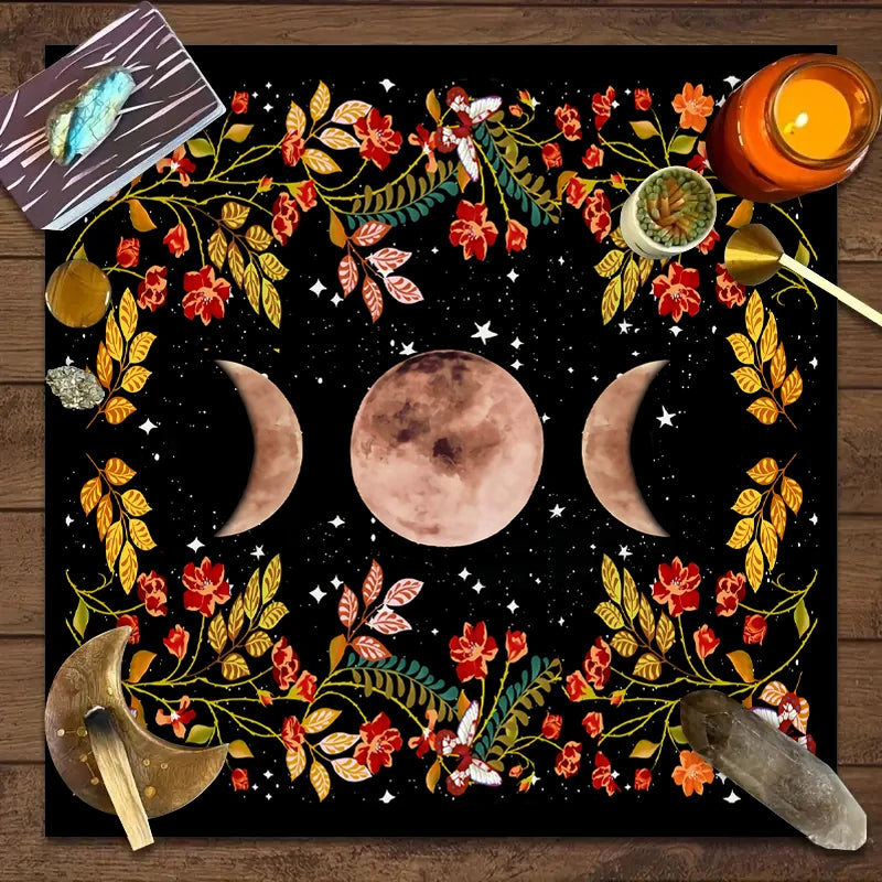 Nappe de Tarot en Velours – Lune, Chat Noir, Soleil et Lotus, Géométrie Sacrée, 7 Motifs, 2 Tailles